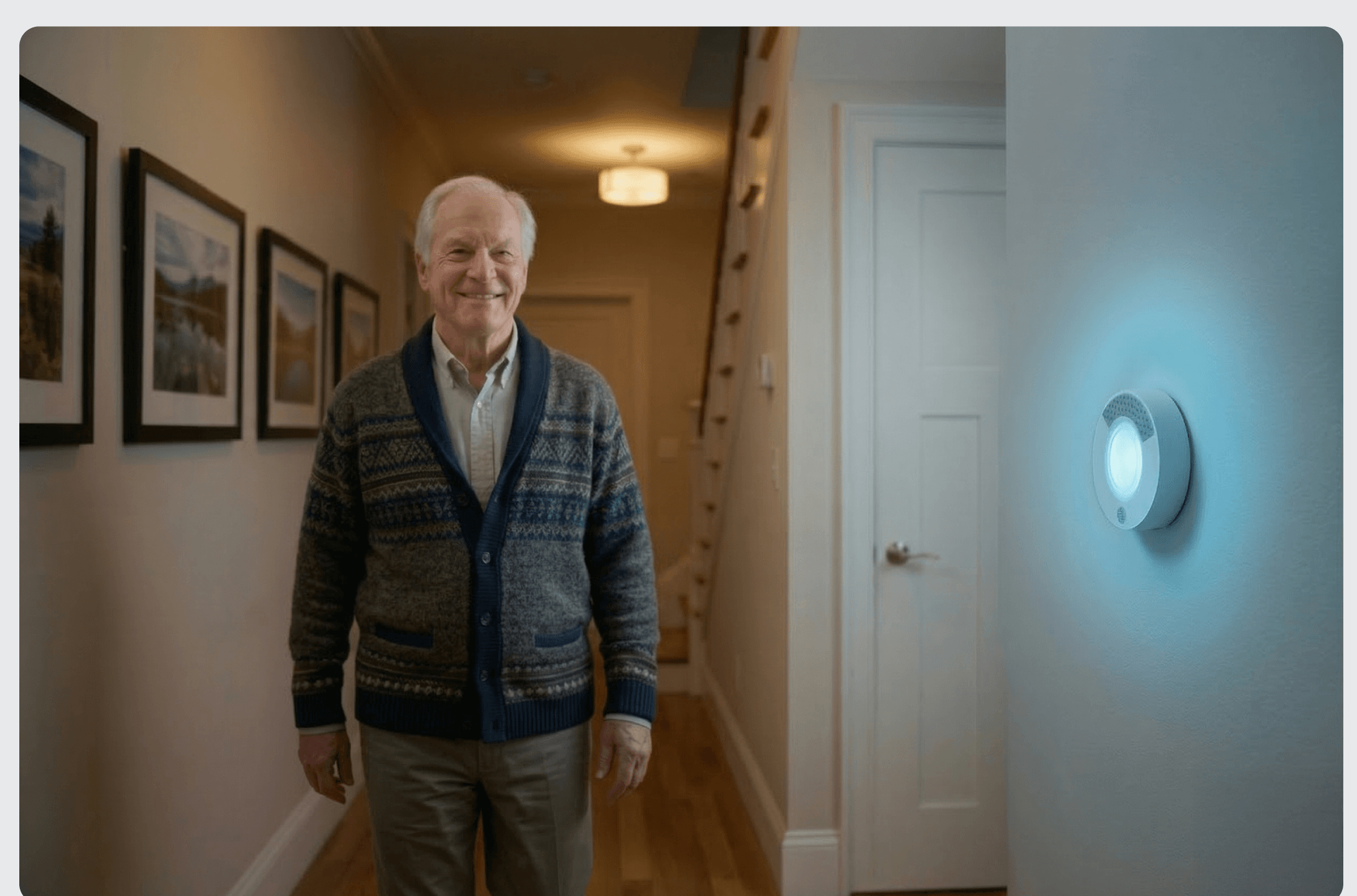 Aging resident in home hallway with wall-mounted cue
