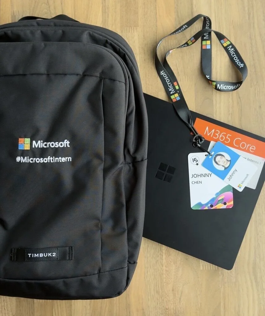 Microsoft internship badge and workstation
