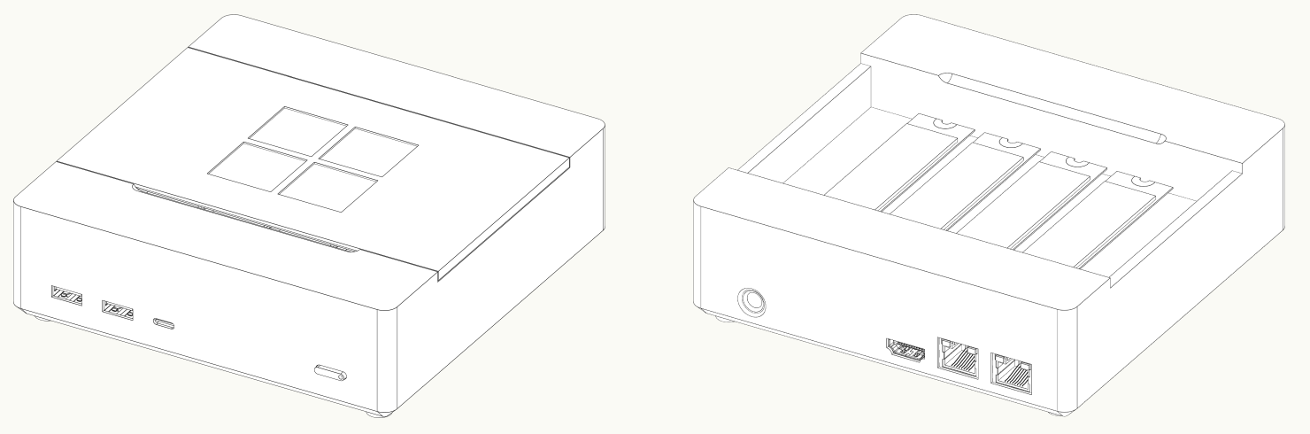 Two line drawings of the refined CAD model. On the left the closed unit shows a sliding lid with a four pane logo and front ports. On the right the lid is removed to show four drive slots, with a power jack, HDMI port and two ethernet ports on the back.