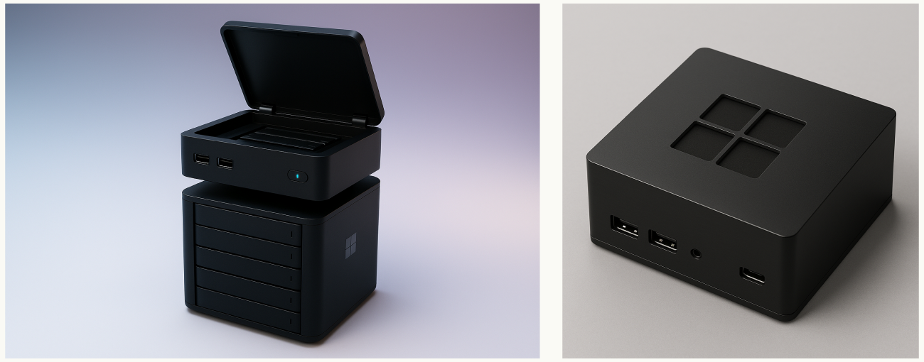 Two AI generated concept renders of a black storage box. The left one is a tall unit with drive bays and an open lid, the right one is a low square box with a four pane window logo on top and USB ports on the front.