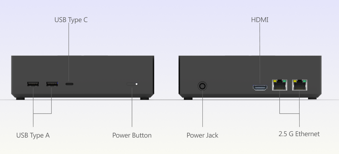 Front and back views of the unit with callouts. The front shows two USB A ports, a USB C port and the power button. The back shows the power jack, an HDMI port and two 2.5 gigabit ethernet ports.