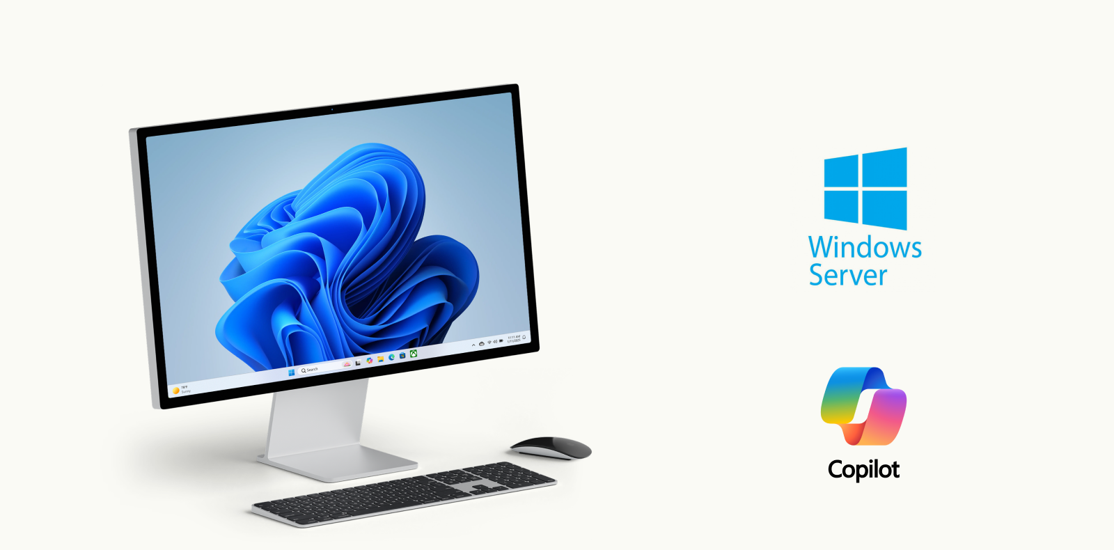 A Surface monitor with keyboard and mouse showing a blue Windows wallpaper, next to the Windows Server and Copilot logos.