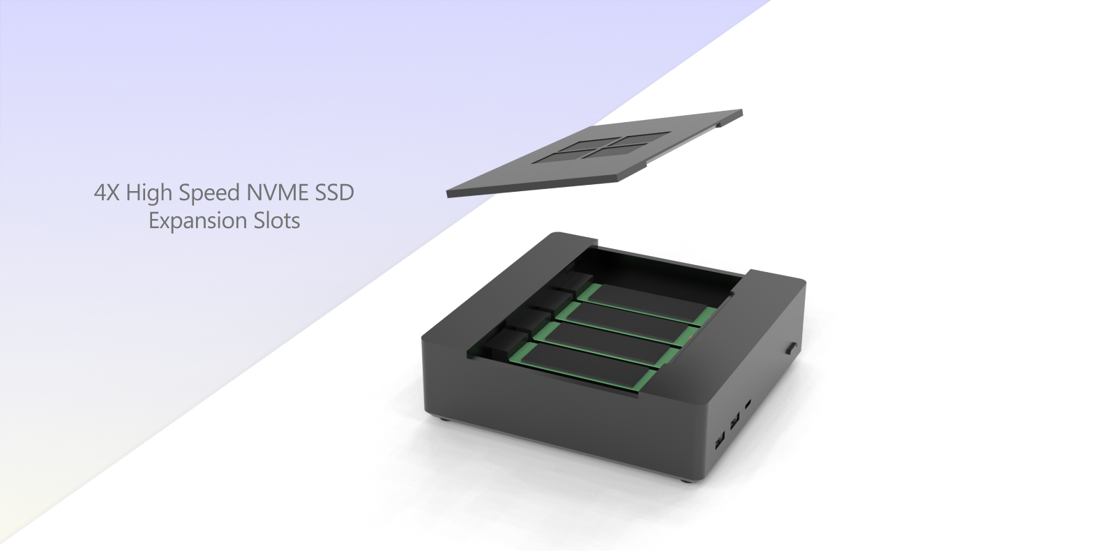 The unit with its lid lifted above it, showing four high speed NVMe SSD expansion slots, each holding a drive with a green circuit board edge.